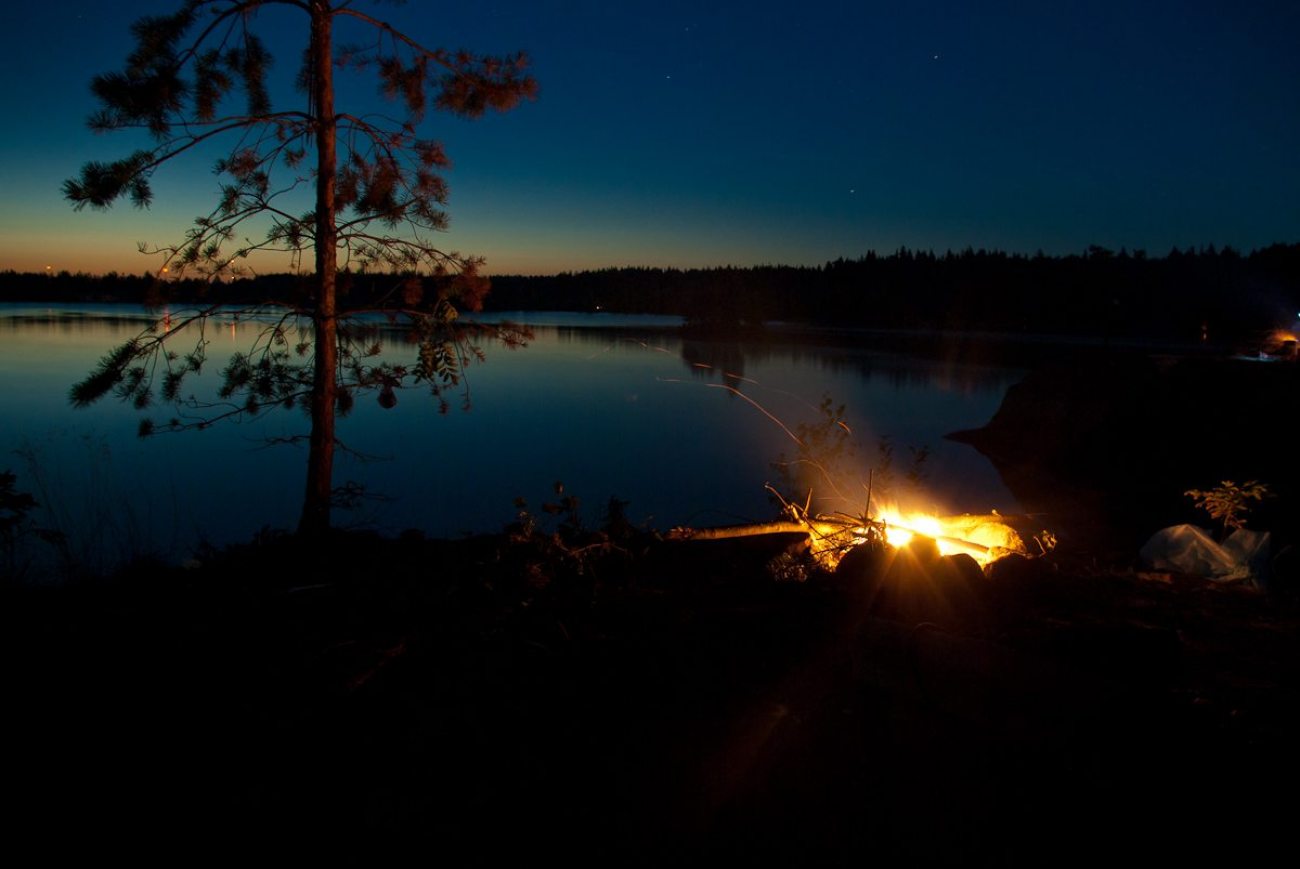 Костер у озера ночью